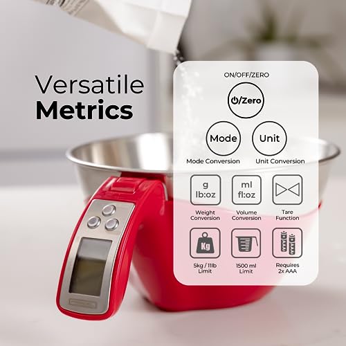 Fradel Digital Kitchen Food Scale With Bowl (Removable) And Measuring Cup - Stainless Steel, Backlight, 11Lbs Capacity - Cooking, Baking, Gym, Diet - Precise Measuring (Red) #TOP3
