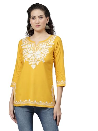 Image of QAZMI Aari Embroidered Rayon Cotton Short Kurti