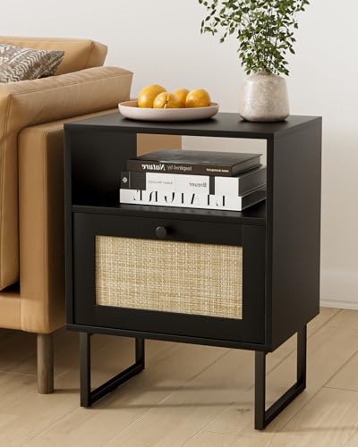 Image of Rattan Nightstand, Mid Century Modern Night Stand,Boho Farmhouse Wood Bedside Table with Storage and Open Shelf, End Side Accent Table for Bedroom,Living Room,Black