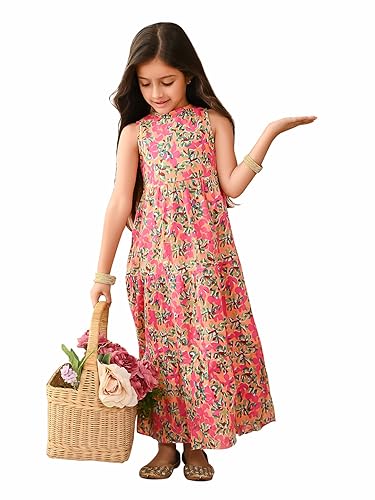 Image of LILPICKS All Over Printed Sleeveless Ankle Length Dropwaist Maxi Dress for Girls (Multi)