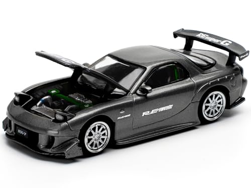 RX7 (FD) RE A memiya Widebody RHD (Right Hand Drive) Gunmetal Gray Metallic with Carbon Hood 1/64 Diecast Model Car by Pop Race PR640255