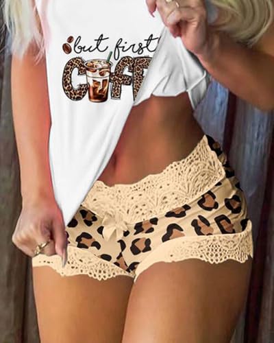 Womens Heart Print 2 Piece Outfit Lace Trim Bow Cami Top and Mini Shorts Adjustable Strap Cute Sexy Loungewear for Daily3