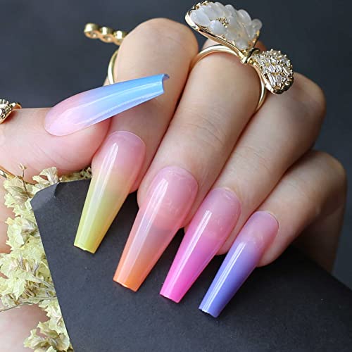 Mqpq Rainbow Press On Nails Long Coffin Gradient Clear Pink Colorful French Tip Fake Nails 24Pcs Glossy Acrylic False Nails For Women #TOP27