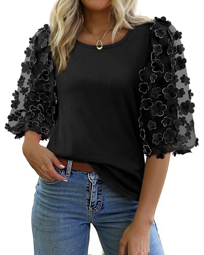 Women Blouses Summe Casual Crew Neck Cotton Tshirts 3/4 Puff Sleeve Mesh with Appliques Fall Tops Goingout