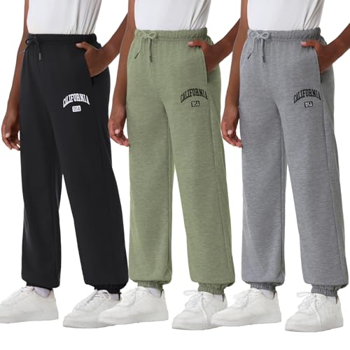 EXARUS 3 Pack Boys Sweatpants Elastic Waist Athletic Graphic Print Drawstring Pants with Pockets Jogger Causal 6-14Y