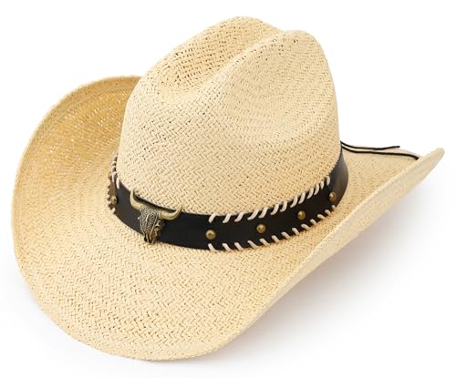 Image of Straw Cowboy Hat, Western Cowgirl Hat, Wide Brim Sun Beach Hat for Men and Women
