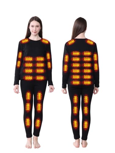 XQIDa durable Conjunto de roupa interior térmica aquecida para homem mulher, USB 42 zonas aquecimento inteligente t-shirt e calças térmicas S-4XL, Aquecido 42 zonas preto para mulher, L