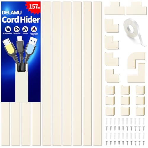 Image of Cord Cover Wall, 157in Delamu Cord Hider Wall Mounted TV, Wire Covers for Cords Cable Management, Cable Raceway Cable Hider Concealer, Cable Cover Wire Hider to Hide Cords, 10XL15.7W0.95H0.55in Beige