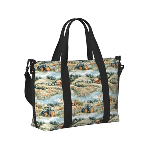 Laptop Tote Bag for Women Work - Village Flower Tractor Print Weekender Overnight Bags for Women Travel, Gym Duffle Bag for Men, Personal Item Crossbody Travel Bags for Men Carry On