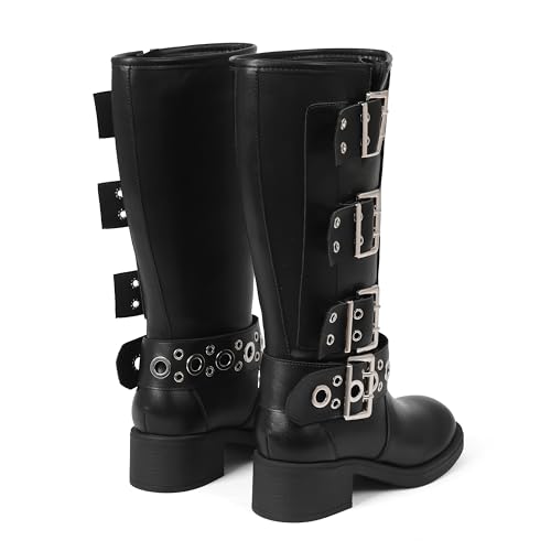 Image of AMINUGAL Knee High Boots Women Square Toe Pull On Wide Calf Riding Fashion Buckles Chunky Metallic Casual Vintage Buckle Rivet