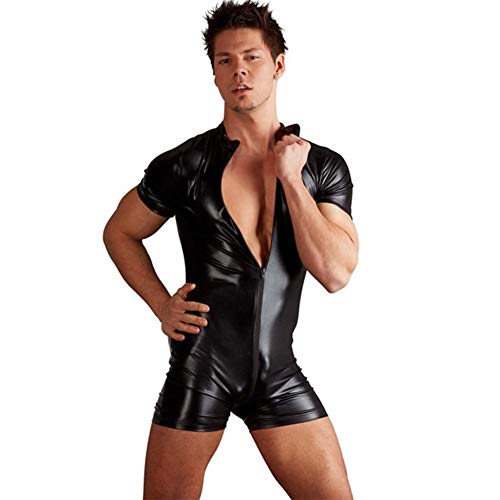 Sexy Clubwear Outfits Men s One Piece Wetlook Faux Leather Playsuit, Front Zipper Leotard Bodysuit Catsuit Crotch Open Jumpsuit for Men Sex Night,Black,L
