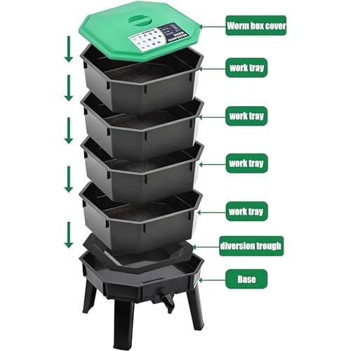 Kit de compostaje de gusanos – Contenedor de abono de jardín con bandejas extraíbles, ventilación de malla y grifo de base para un reciclaje eficiente de residuos al aire libre