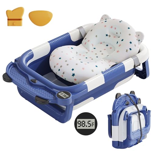 Image of BBtinker Collapsible Baby Bathtub for Newborn with Real-time Temp Monitor + Soft Floating Cushion Durable Foldable Baby Tubs for Infants to Toddler, Portable Travel Bathtub with Drain Hole Navy Blue