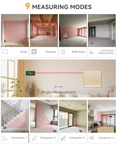 Foto von Laser Entfernungsmesser 50m, OGETO Laser Entfernungsmesser mit LCD Hintergrundbeleuchtung, 99 Datensätze, M/In/Ft, Pythagoras/Abstand/Fläche/Volumen Messungen(2*AAA Batterien, IP54)