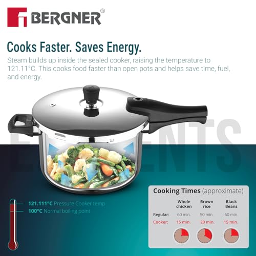 Image of Bergner Argent Elements Triply Stainless Steel 5.5 L Outer Lid Pressure Cooker, Healthy Cooking, Even Heat Distribution, Sturdy Handle, Easy Lock System, Safety Gasket - Induction and Gas Stove Ready