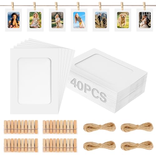 Staranry 40 Pezzi Cornice Foto con 40 Mini Clip In Legno e 4 Corde Di Canapa, 15,5 x 11,5 cm Cornici Foto Multiple Da Parete, Portafoto Da Parete Multiplo per Foto Diy, Matrimoni e Compleanni (Bianco)