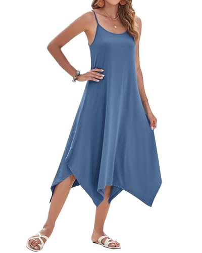 Image of AUSELILY Women's Summer Dresses 2026 Casual Sleeveless Spaghetti Strap Sundress Asymmetrical Midi Dress with Pockets