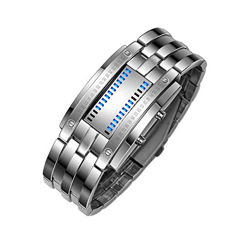 FeiWen Binario Relojes Digitales de Hombre y Mujer Rectangular Acero Inoxidable del Bisel Azul LED Luminosidad Fashion Unico Casual Calendario Reloj de Pulsera, Plateado (Hombre)