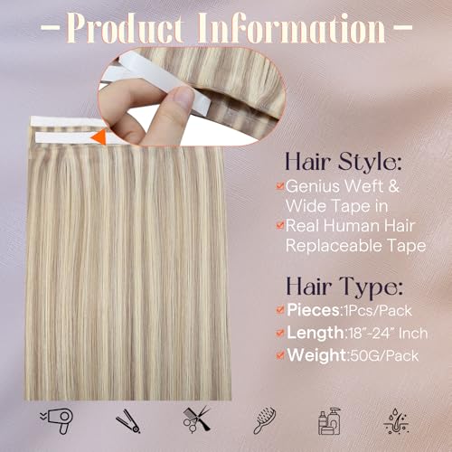 Image of Full Shine Tape in Weft Extensions Human Hair, Dirty Blonde Mix 20 Inch