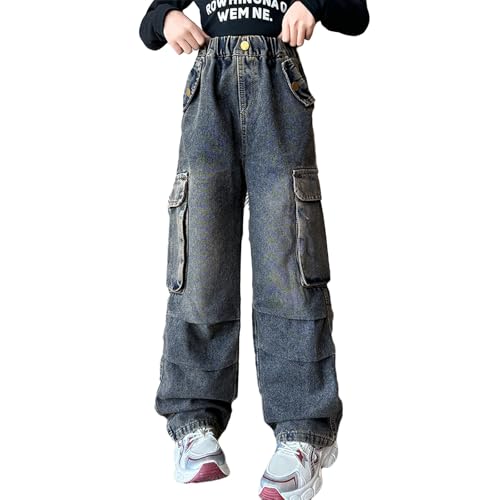 Baggy Jeans for Girls Pockets Cargo Adjustable Waist Wide Leg Pants Streetwear Cute Jeans for Girls Washed Denim Pants