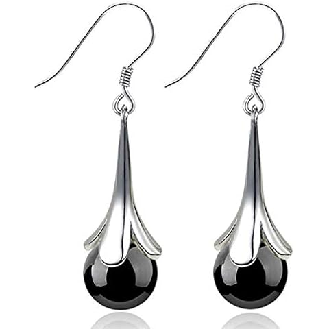 Buyanputra Fashion Trumpet Flower Drop Earrings Faux Moonstone Long Dangle Earrings Women Hook Earrings Jewelry Black Cover