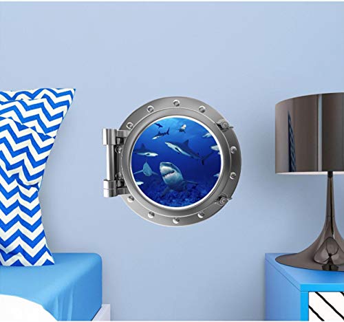 12" Porthole 3D Window Wall Sticker Shark Frenzy Silver Port Scape Decal Under The Sea Ocean Sea Life Sharks Peel And Stick Kids Bedroom Decor Wall Art Removable Fabric Vinyl #TOP2