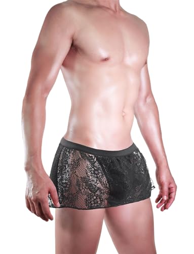 FEOYA Men's Crossdressing Sissy Lace Lingerie Skirted Panties Low Waist Mesh Sheer G-string Briefs Bikini Underwear Nightwear4