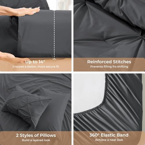 Image of Sasttie Queen Comforter Set, 7-Piece Bed in a Bag, Pintuck Bedding Set for All Season, Includes Comforter, Flat Sheet, Fitted Sheet, Pillowcases and Pillowshams, Dark Grey