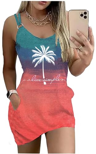 Image of Women's Live Simple Coconut Tree Color Block Mini Dress Spaghetti Strap Halter Strap Sleeveless Mini Dress with Pockets