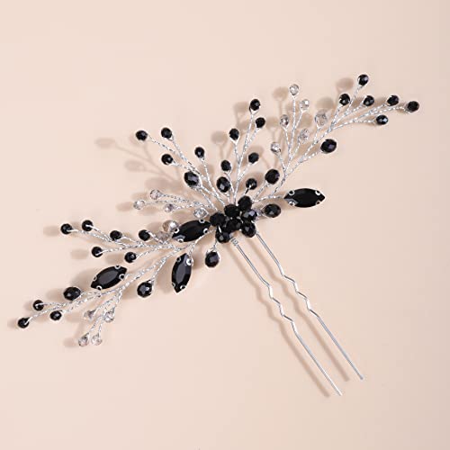 Deniferymakeup Black Crystal Hair Piece for Wedding Brides Silver Hair Pins Hair Styling Accessory for Women and Girls (Black)