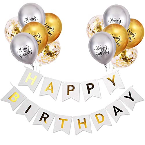 Luftballons Geburtstag Dekoration Set, Gold Silber Geburtstagsdeko Happy Birthday deko Banner Party Deko Geburtstag Set mit Gold Silber Happy Birthday Luftballons Konfetti Ballons
