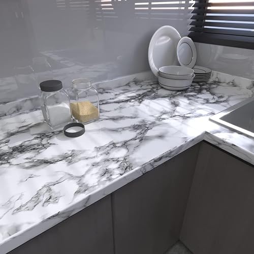 Image of WISDOM White & Black Marble Wallpaper Peel and Stick Contact Paper for Countertops Waterproof Self-Adhesive Marble Wallpaper for Kitchen Desk Cabinet (White Fiber Marble, 12x72 Inch)