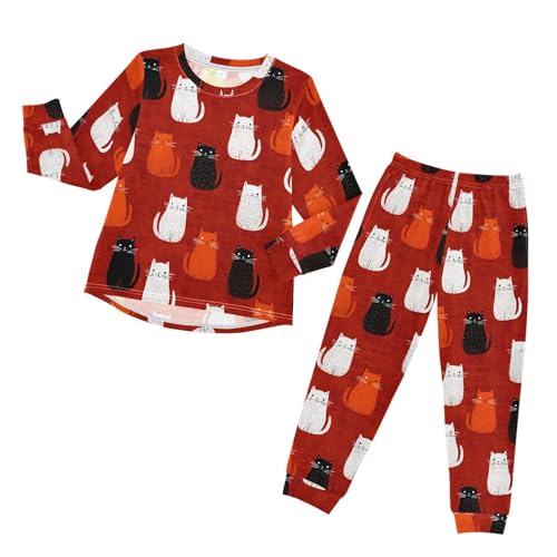 Cats on Red Background Soft Pajama Set for All Seasons,Breathable Pjs Long Sleeve Sleepwear,Comfy Loungewear 2 Piece Underwear Set 3T