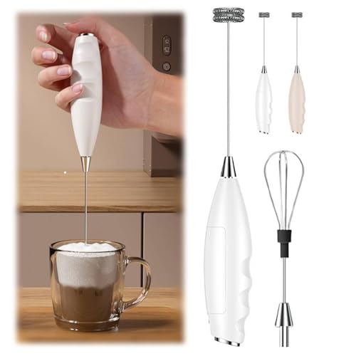 Mousseur à lait électrique portable avec 2 têtes de rechange, mousseur à piles pour café, latte et cappuccino (blanc)
