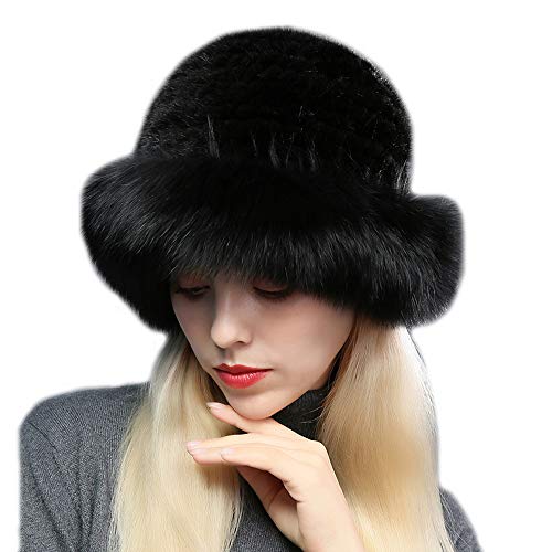 DTLDYG Femmes Vraie Fourrure de Vison Chapeau Fourrure de Renard Chapeau Bord Hiver Chaud Élégant (Noir)