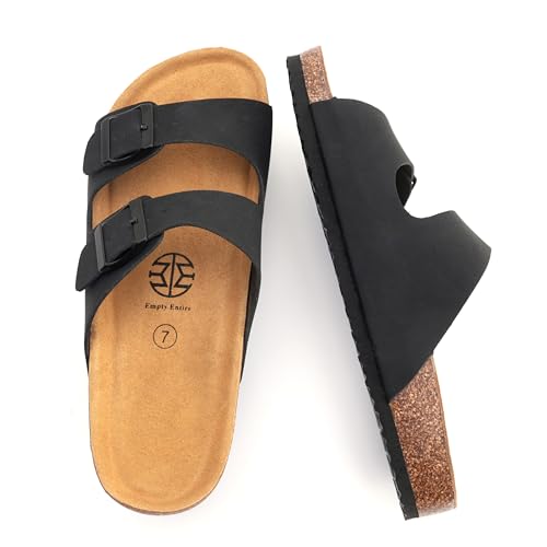 Image of E E EMPTY Sandals Women Adjustable Double-Buckle Smooth Sandals, Comfortable Cork Sandals Suitable for Both Men and Women, with Bow Support , Black , Size 8.5