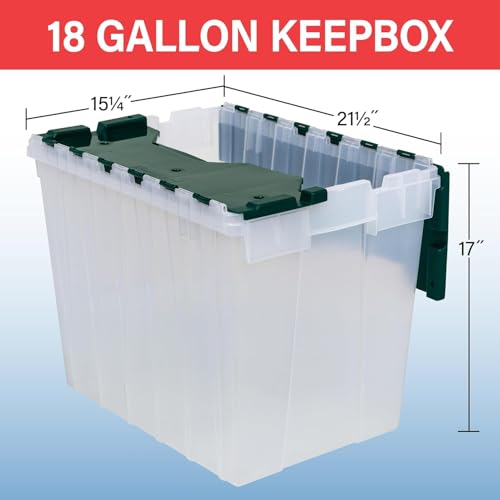 Image of Akro-Mils KeepBox 18 Gallon Storage Container, Nesting and Stackable Plastic Storage Box with Lid Attached, Clear Tote for Garages, Closets, and Moving, 21 inch x 15 inch x 17 inch, Clear /Green