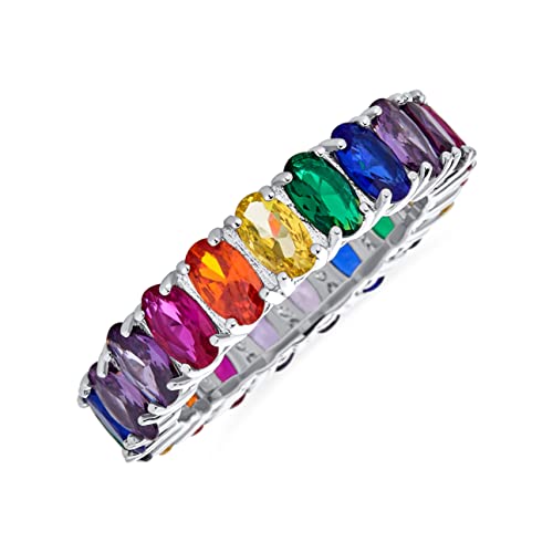 Bling Jewelry AAA Cubic Zirconia LGBTQ Colorful Rainbow Oval Cut Multi Color CZ Eternity Ring Anniversary Wedding Band For Women .925 Sterling Silver 5MM Stackable Rings