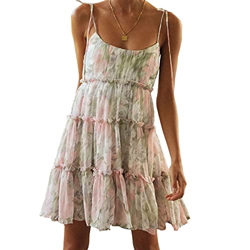 Image of kinstell Women's Boho Spaghetti Strap Ruffle Square Neck Bowknot Backless Sleeveless Elegant Flowy Mini Short Skater Dresses