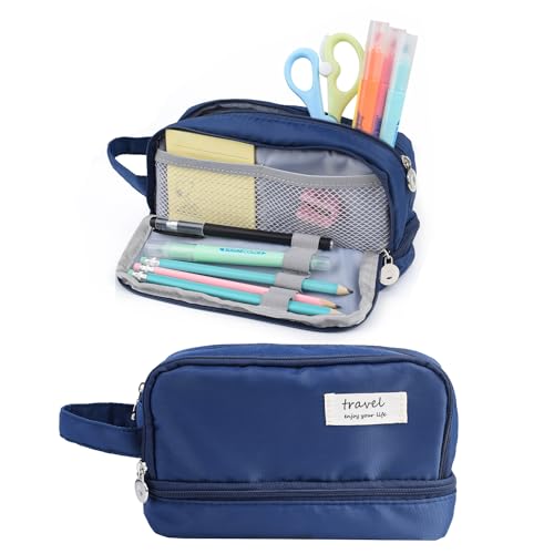 Image of Large Capacity Pencil Case, Pen Bag, Stationery Storage Kit, Multiple Compartments, Office Travel Pouch, Arts and Crafts Supplies Organizer (DARK BLUE)