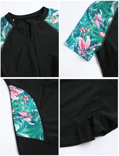 Image of ZAFUL Women's Short Sleeves Rash Guard Boyleg One Piece Swimsuit Zipper Surfing Bathing Suit UPF 50+