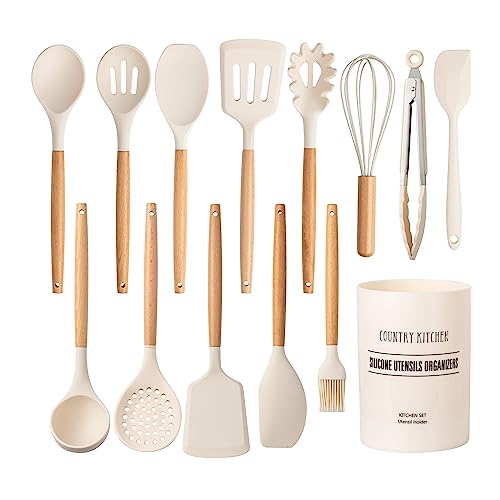 Country Kitchen Non Stick Silicone Utensil Set with Rounded Wood