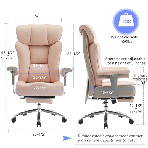 Efomao Big and Tall Ergonomic Office Chair 450LBS with Foot Rest, High Back PU Leather Executive Chair with Adjustable Padded Armrests, Lumbar Support for Home or Work, Heavy Duty Computer Chair, Pink