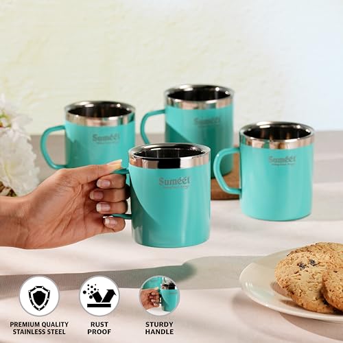 Image of Sumeet Stainless Steel Coloured Double Wall Tea /Milk /Coffee Mug Set of 4Pc - 300ml - Green