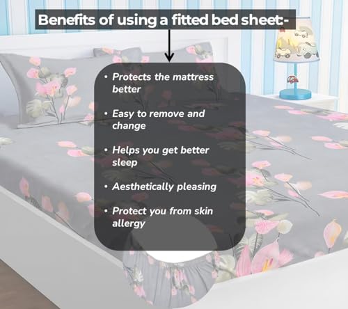 Image of HOMEKART Premium Cotton Elastic Fitted Bedsheets with 2 King Size Pillow Covers Double Bed with All Around Elastic Supersoft Size - 72 x 78 +10 inches Flower Print Pink and Grey 200 tc - 220 tc