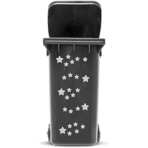 JustHouseSigns Bin Sticker Set Stars, 41 outdoor decals in 2 sizes, self adhesive vinyl stickers for wheelie bin laptop car caravan waste container decor, font colour:silver Cover