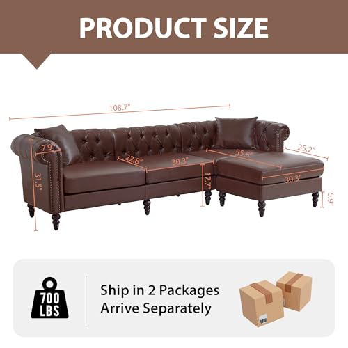 Image of LEVNARY 108 inch L-Shaped Chesterfield Sectional Couch with Movable Ottoman, Upholstered PU Leather 4-Seat Couch with Rolled Arms, Mid-Century Corner Sofa for Living Room Bedroom Office (Dark Brown)