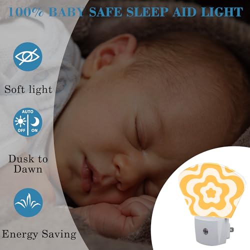 Image of Retro Flower Swirl Night Light Plug into Wall, Yellow Flowers Night Light with Dusk to Dawn Sensor for Kid Girls Boys Women Men Bedroom, Hallway, Kitchen, Bathroom, Stairs Decor
