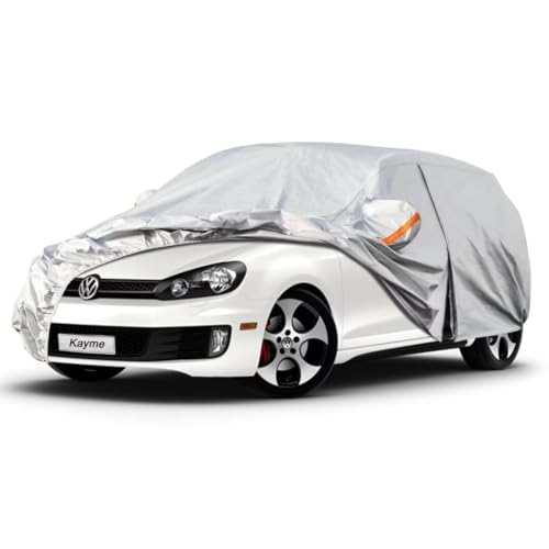 Kayme Hatchback Car Cover Fit for Volkswagen Rabbit (2006-2009) Automobiles All Weather Waterproof, Outdoor Cover Sun Rain Protection, with Lock and Zipper Door.Silver