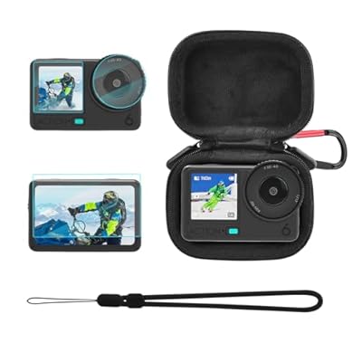 Small Carrying Case + Screen Protector For DJI Osmo Action 6, PU Hard Portable Travel Storage Bag With Carabiner & Wrist Strap, Tempered Glass Film Protective Lens Cover Accessories Kit